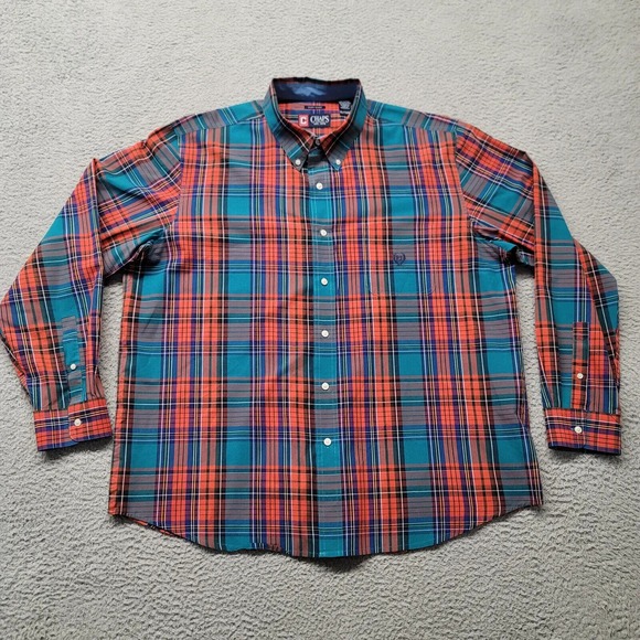 Chaps Shirt Mens XXL Blue Colorful Plaid Preppy Casual Crest Logo Easy‎ Care - Picture 1 of 13